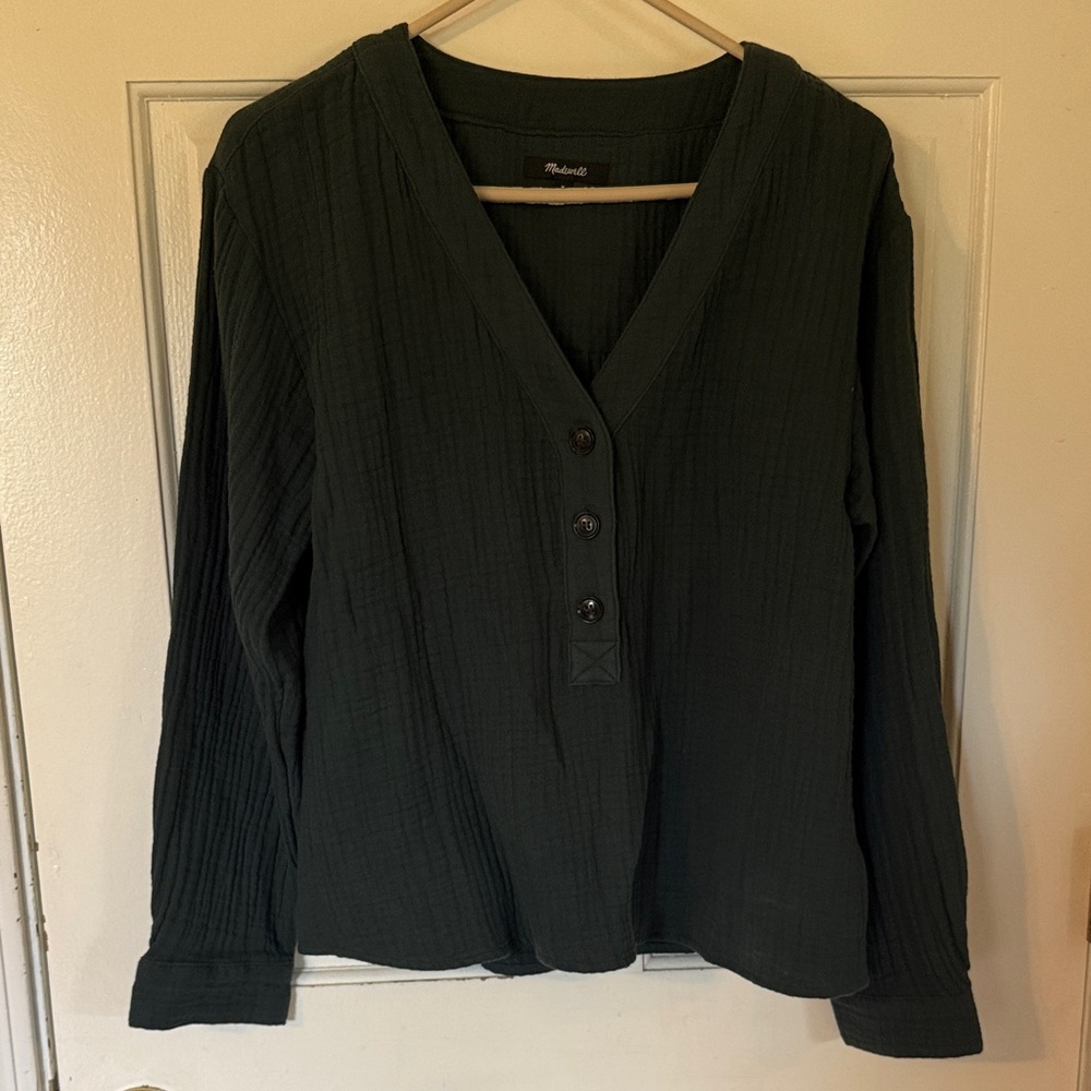 Madewell Dark Green V-Neck Soft Blouse